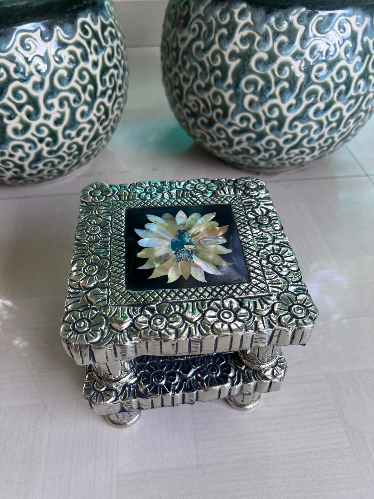 German silver mother of pearl chowkis for pooja and gifting, 1 piece