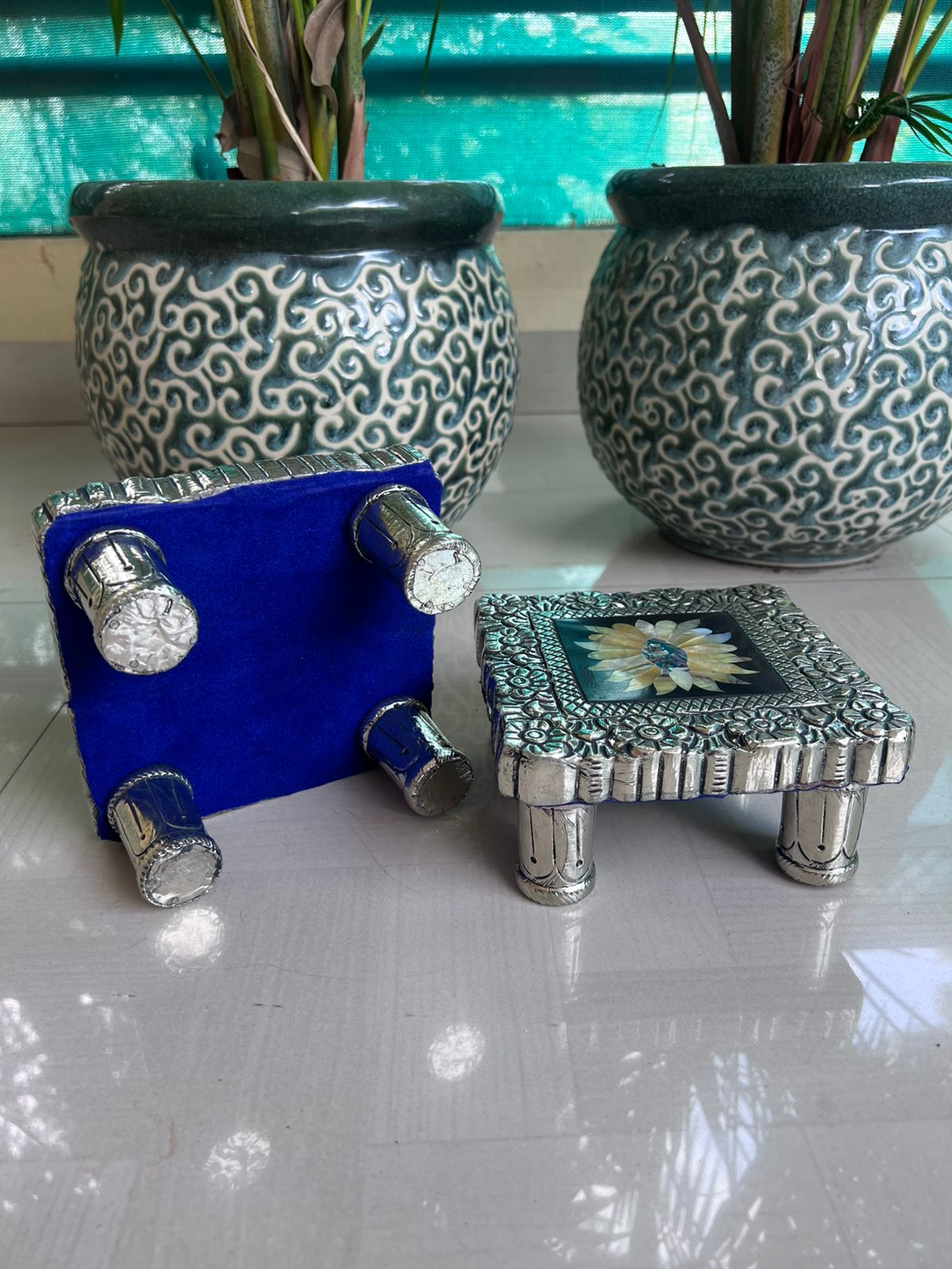 German silver mother of pearl chowkis for pooja and gifting, 1 piece