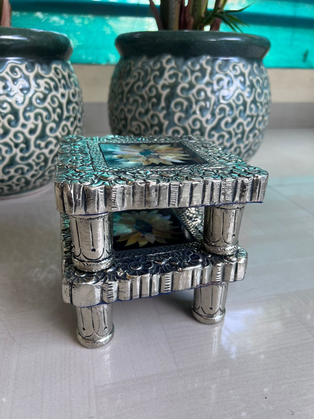 German silver mother of pearl chowkis for pooja and gifting, 1 piece