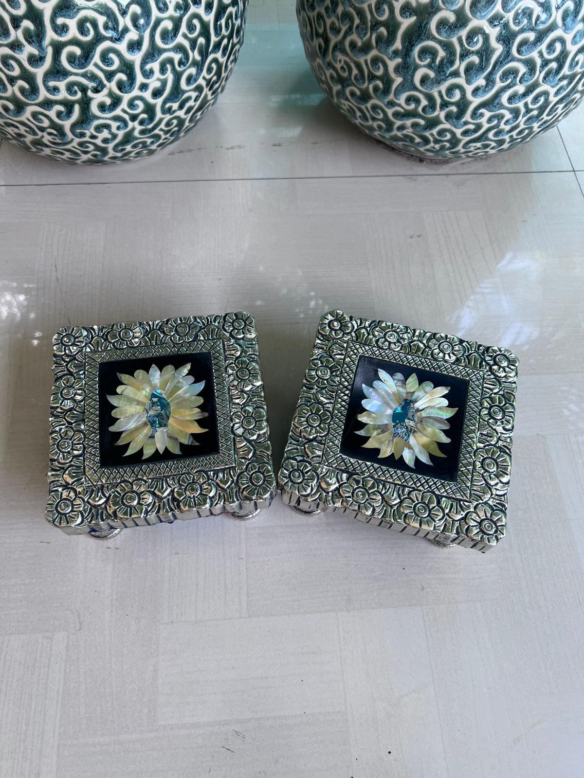 German silver mother of pearl chowkis for pooja and gifting, 1 piece