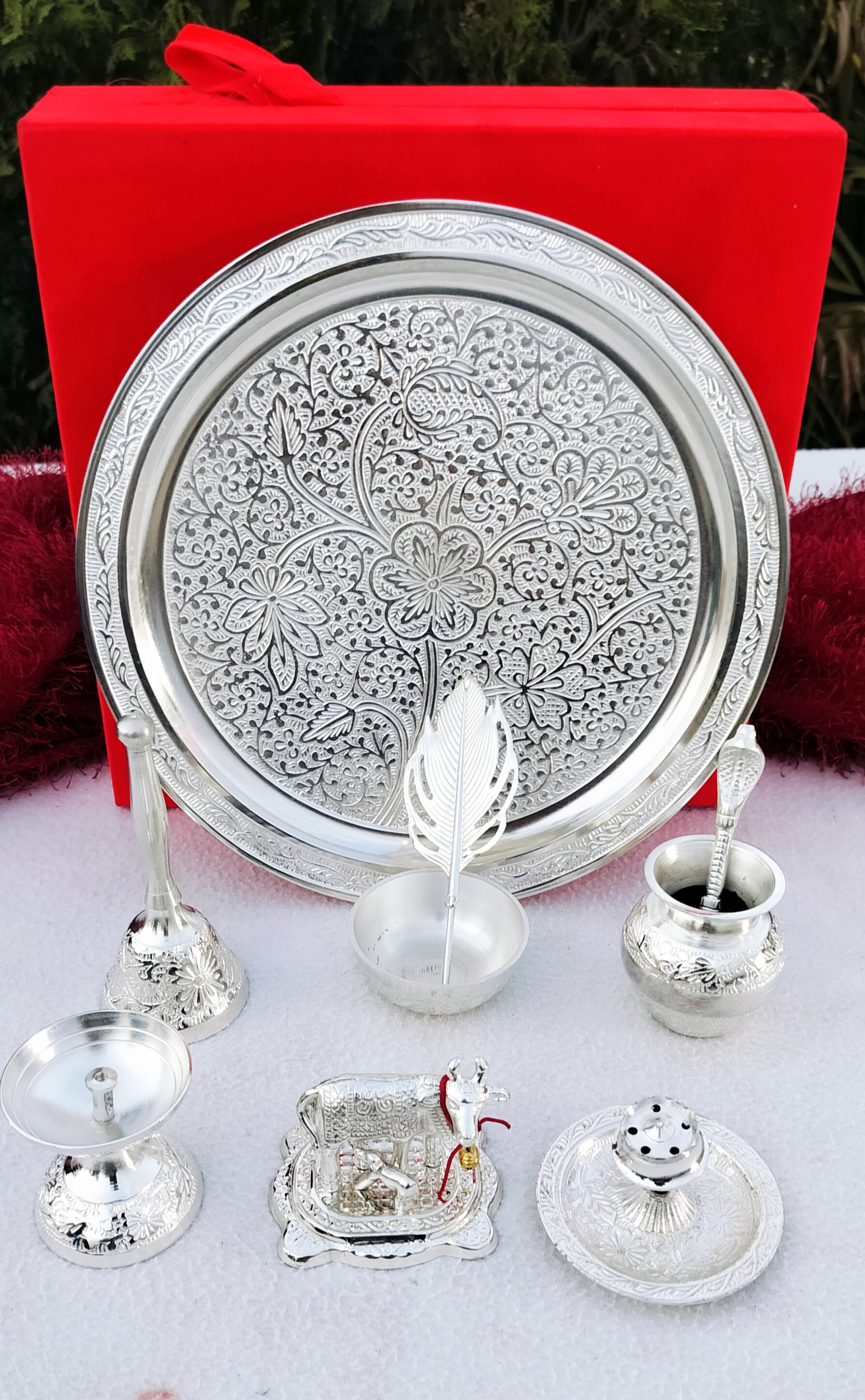 german silver fully carved pooja thali set of 9 pieces for housewarming/ diwali pooja