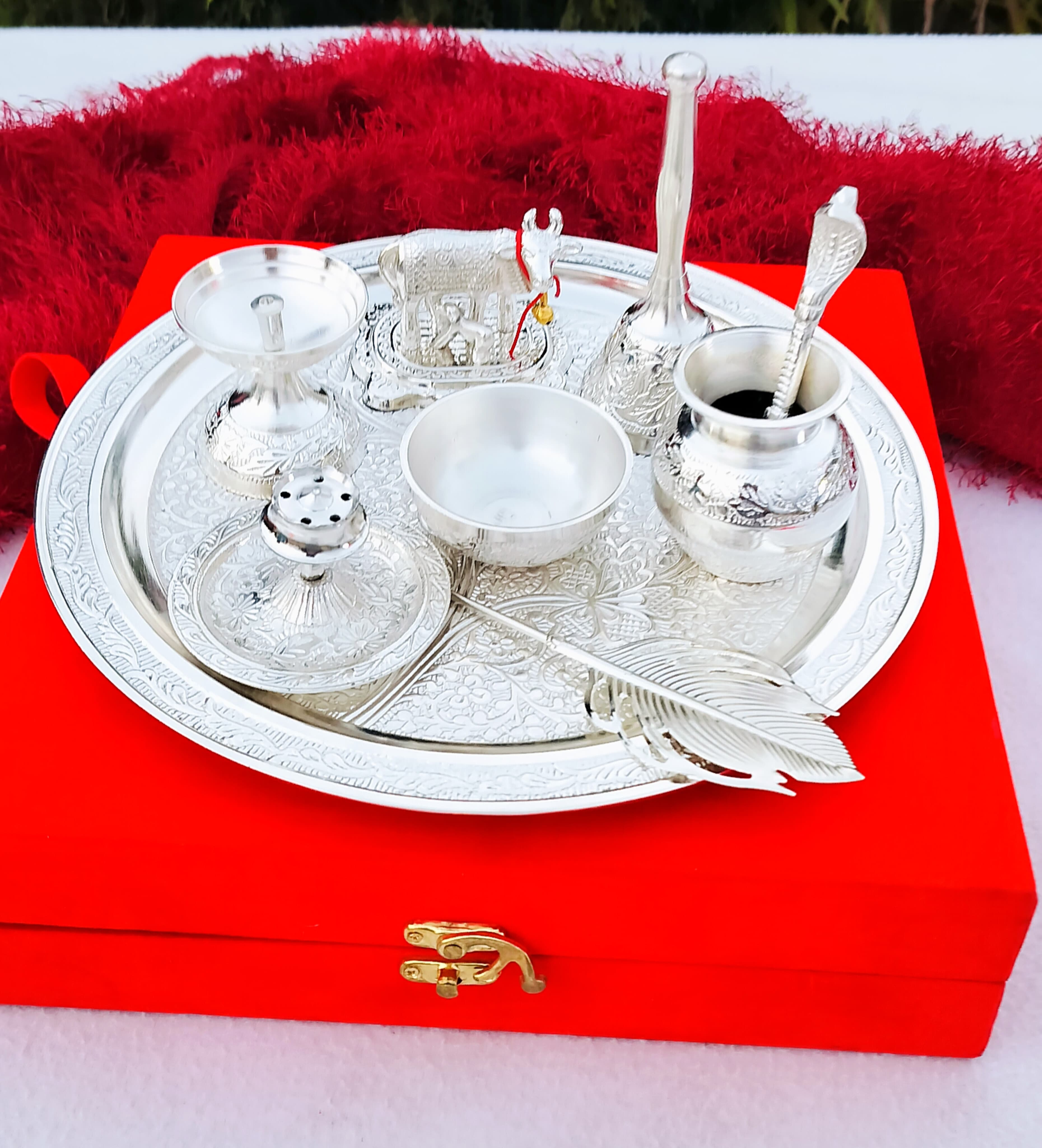 german silver fully carved pooja thali set of 9 pieces for housewarming/ diwali pooja