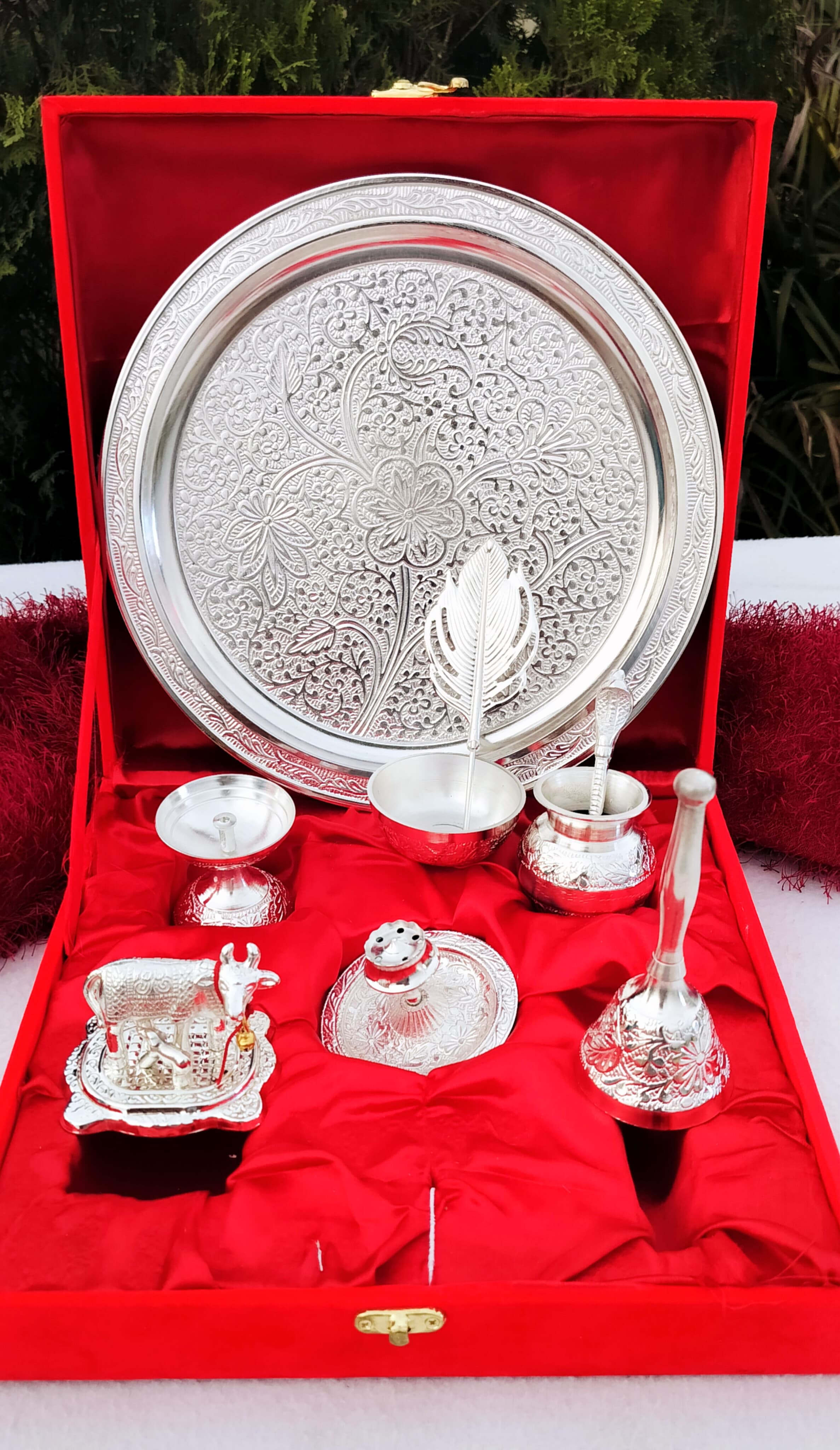 german silver fully carved pooja thali set of 9 pieces for housewarming/ diwali pooja
