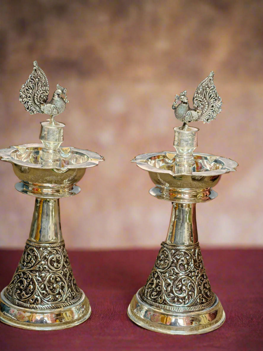 silver plated antique finish peacock diya set for housewarming pooja/ diwali