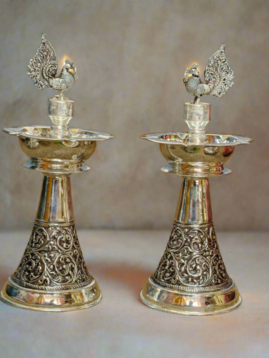 silver plated antique finish peacock diya set for housewarming pooja/ diwali