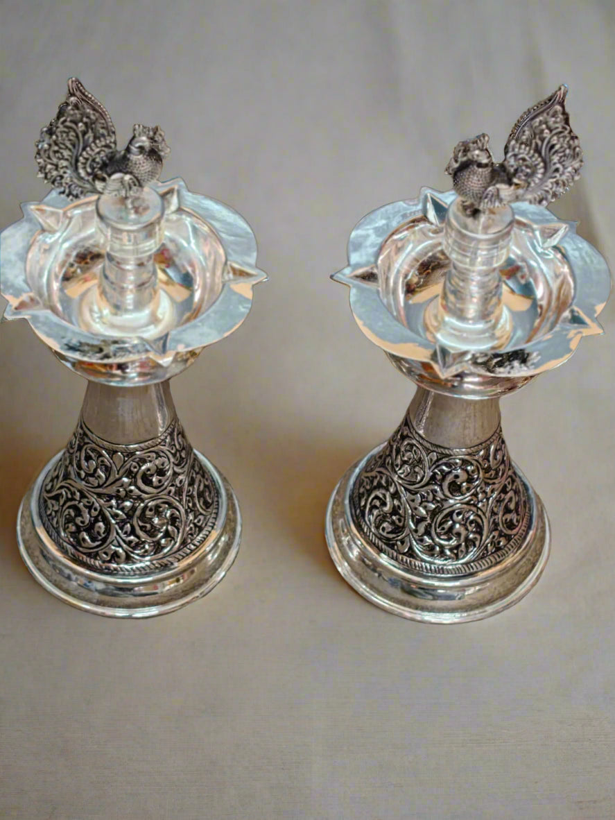 silver plated antique finish peacock diya set for housewarming pooja/ diwali