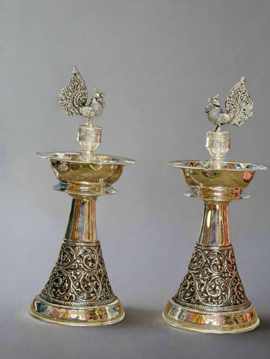silver plated antique finish peacock diya set for housewarming pooja/ diwali