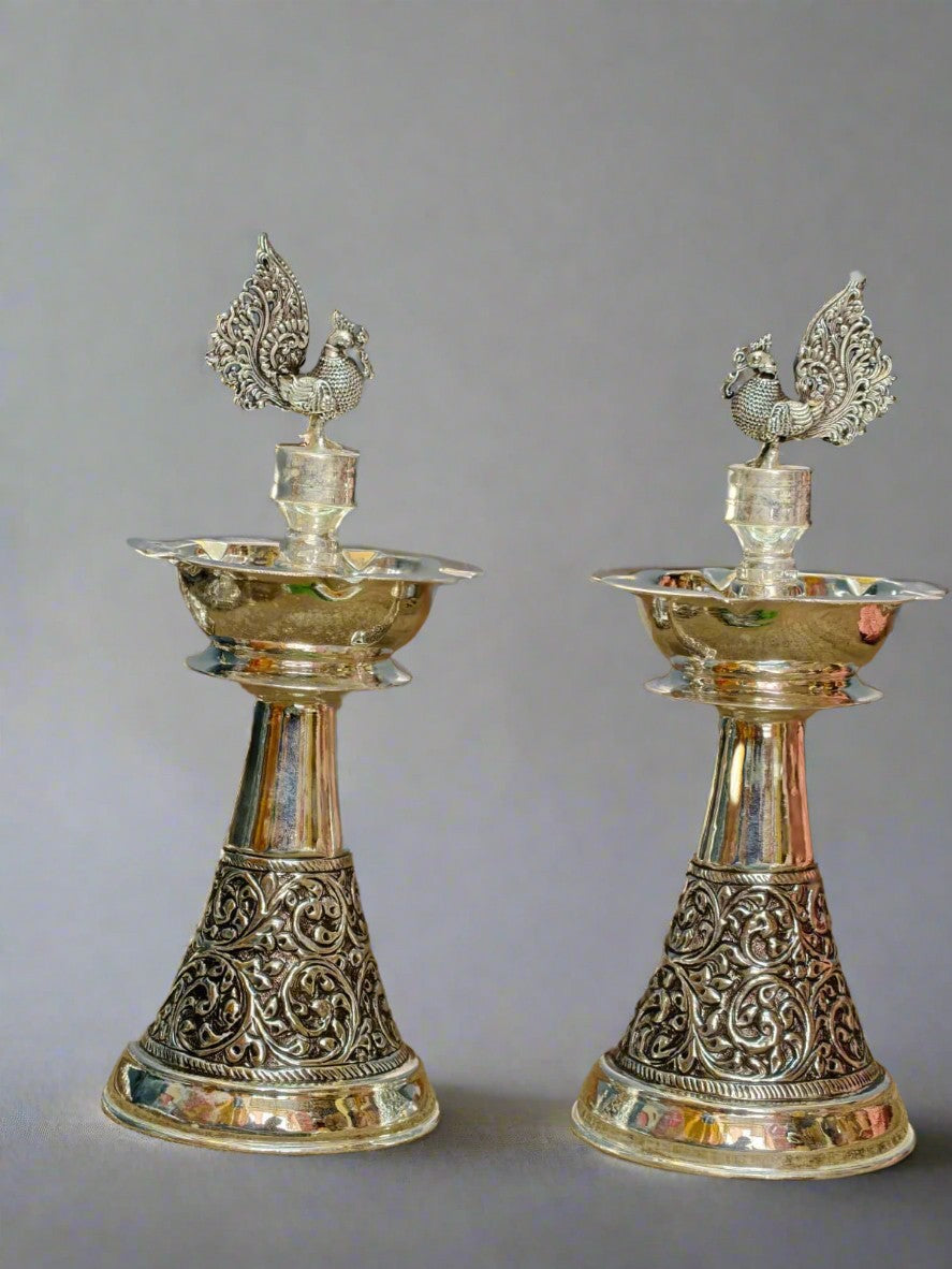 silver plated antique finish peacock diya set for housewarming pooja/ diwali