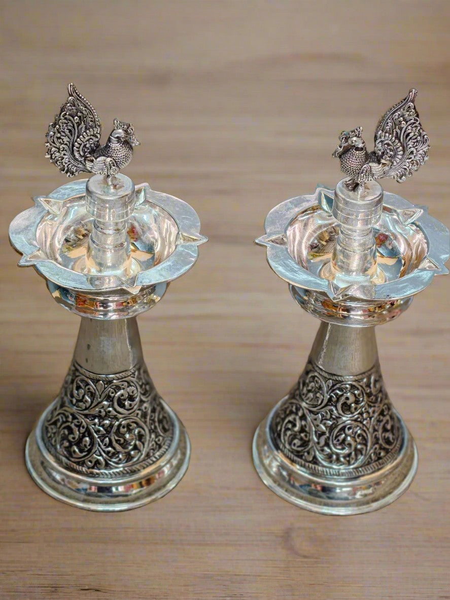 silver plated antique finish peacock diya set for housewarming pooja/ diwali