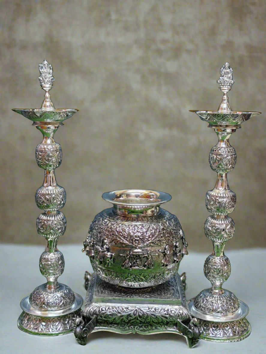 pure silver plated barat motif kalash with 18" lakshmidiya with 10 " stool/ chowki