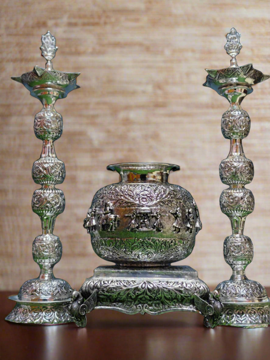 pure silver plated barat motif kalash with 18" lakshmidiya with 10 " stool/ chowki