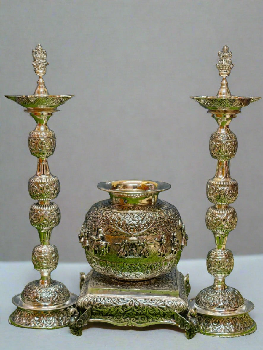 pure silver plated barat motif kalash with 18" lakshmidiya with 10 " stool/ chowki