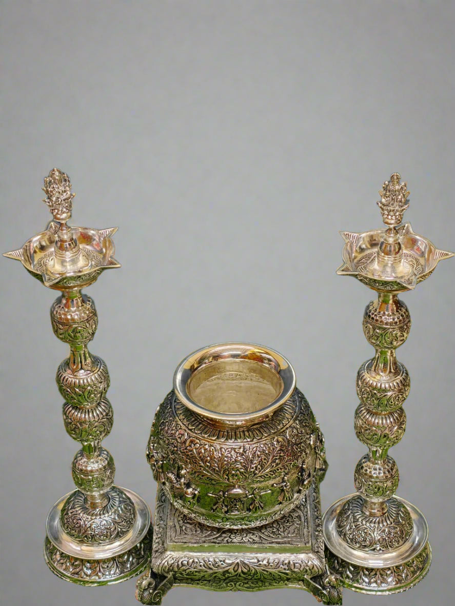 pure silver plated barat motif kalash with 18" lakshmidiya with 10 " stool/ chowki