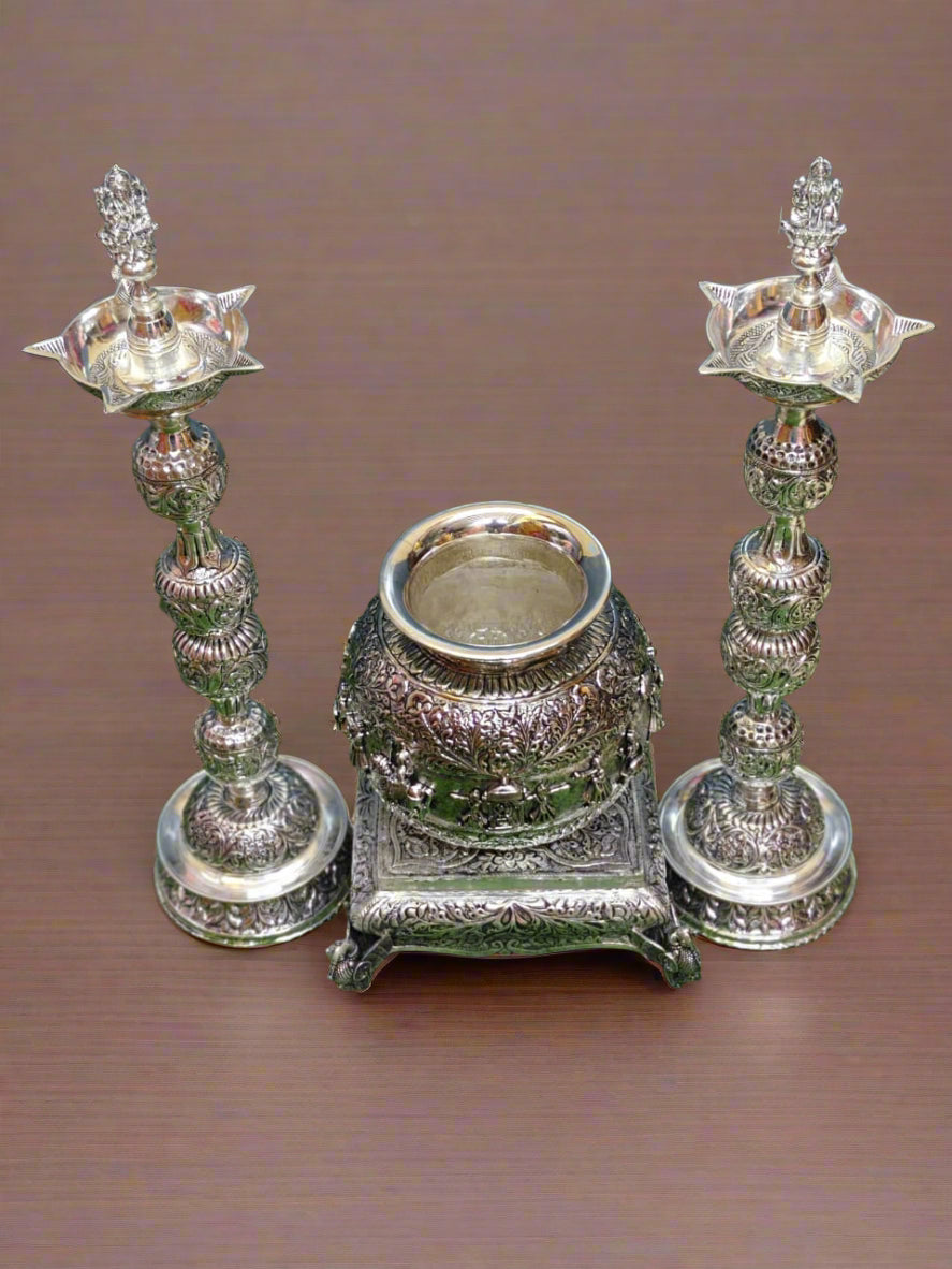 pure silver plated barat motif kalash with 18" lakshmidiya with 10 " stool/ chowki