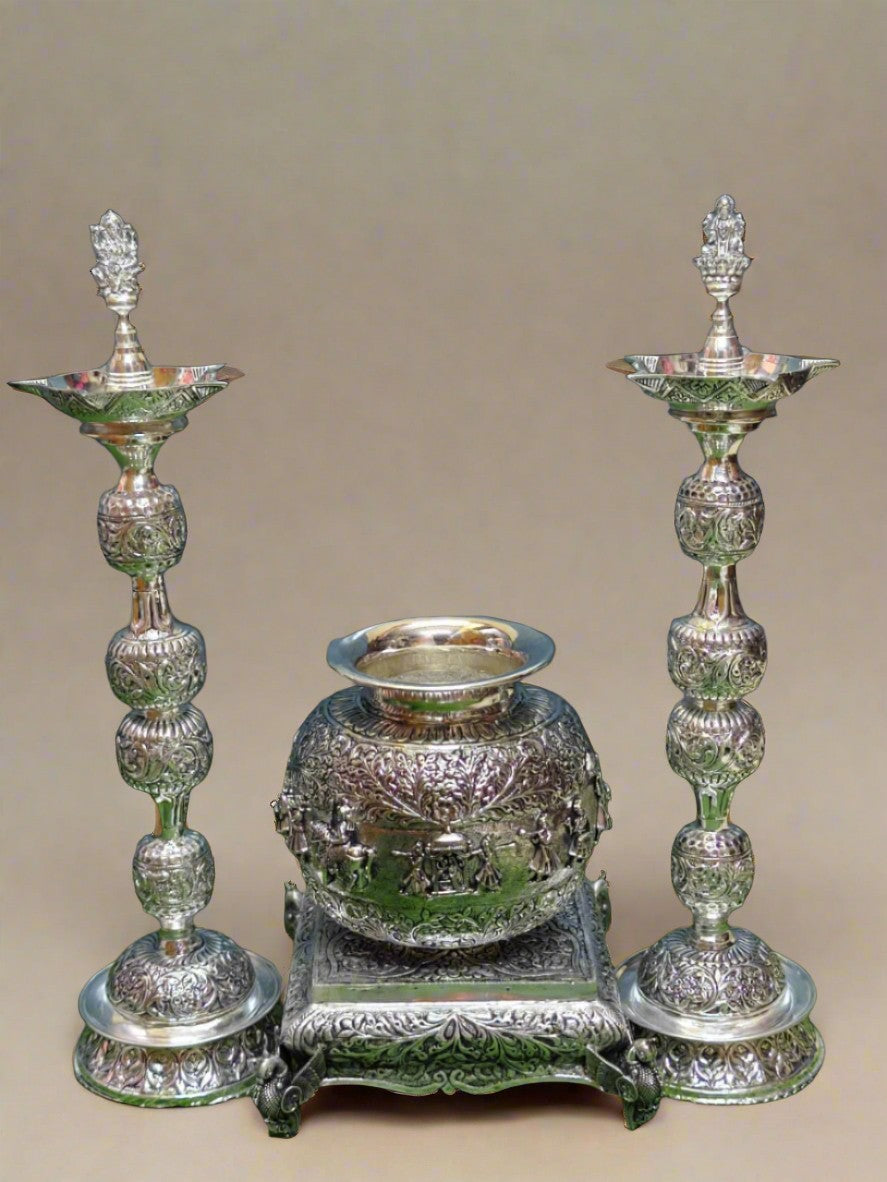 pure silver plated barat motif kalash with 18" lakshmidiya with 10 " stool/ chowki
