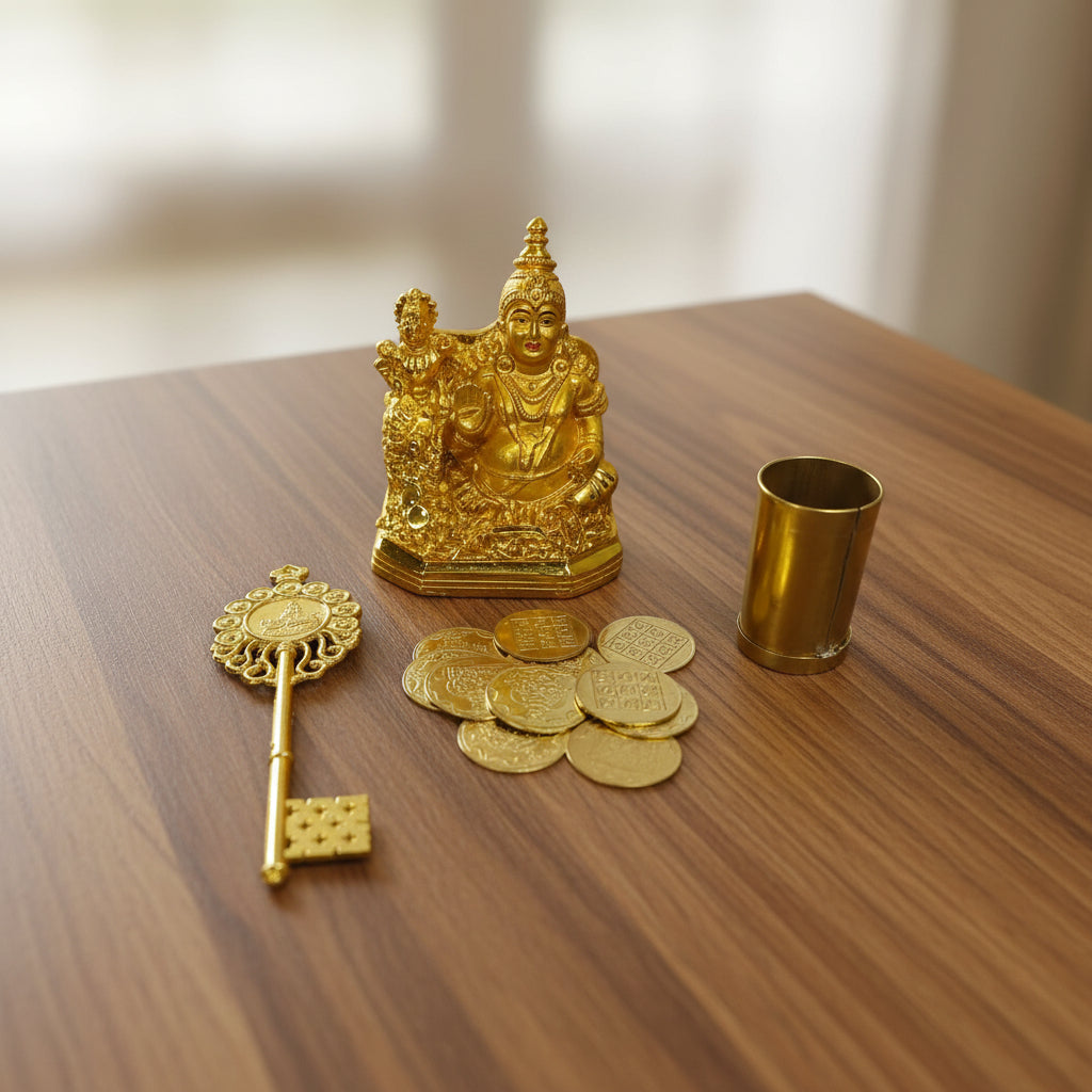 Resin Lakshmi Kuber Pooja Set – Small Statue with Lakshmi Coins & Kuber Key