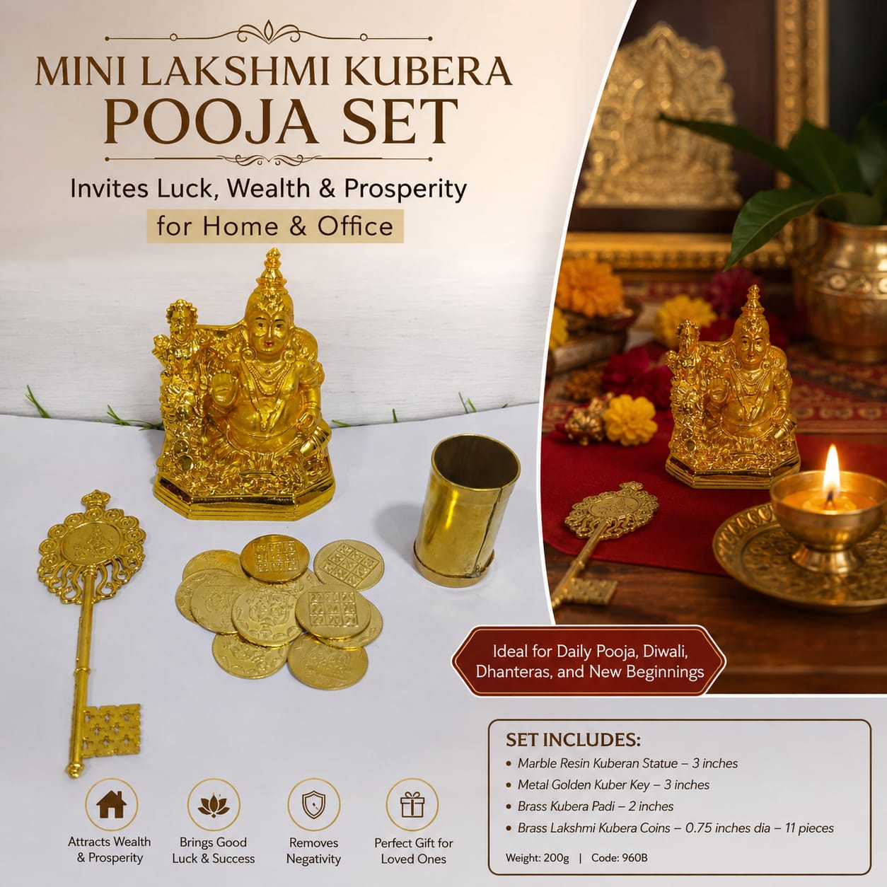 Resin Lakshmi Kuber Pooja Set – Small Statue with Lakshmi Coins & Kuber Key