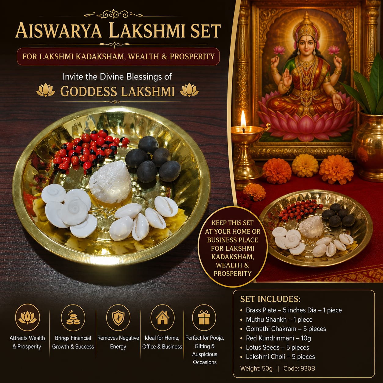 Brass Aiswarya Lakshmi Set on Plate – Temple & Pooja Decor