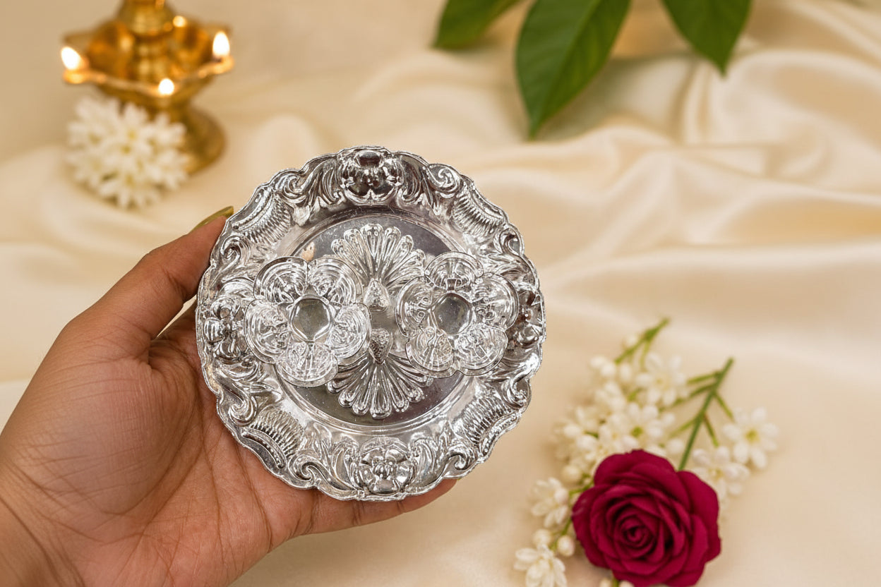 German Silver Plate with Kumkum Bowls – Set of 10