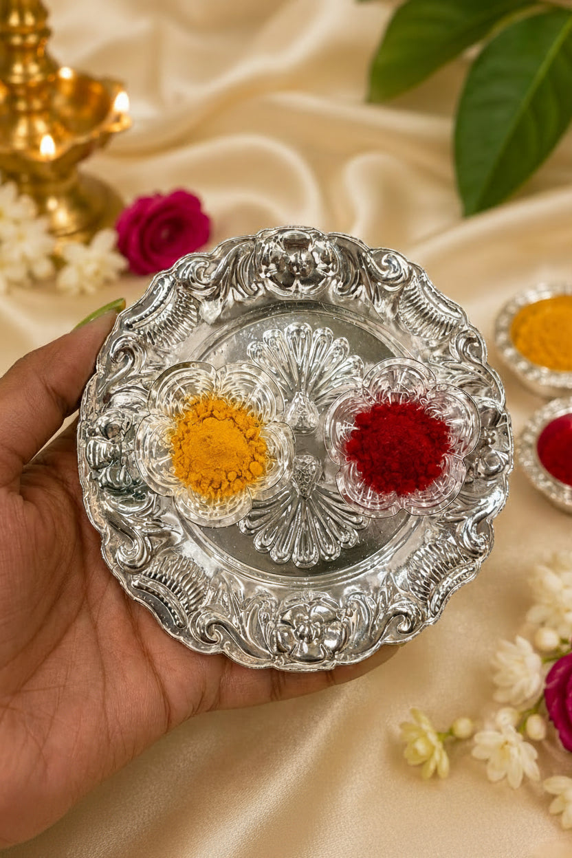 German Silver Plate with Kumkum Bowls – Set of 10