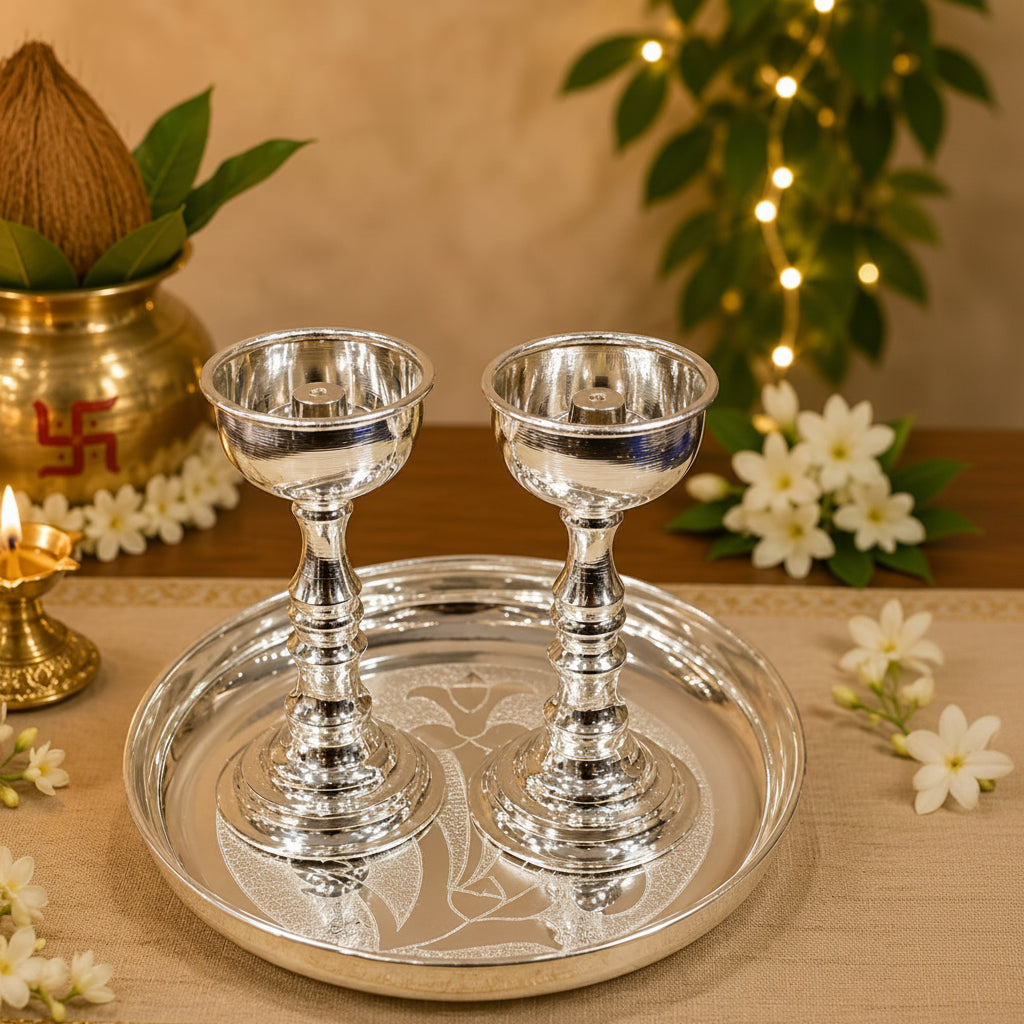 German Silver plate with 2 Diya – Elegant Pooja Set