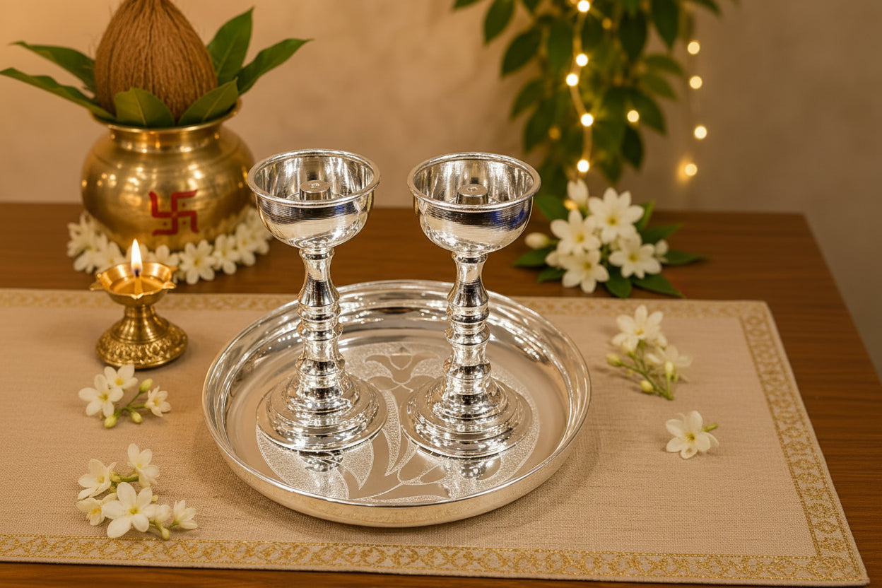 German Silver plate with 2 Diya – Elegant Pooja Set