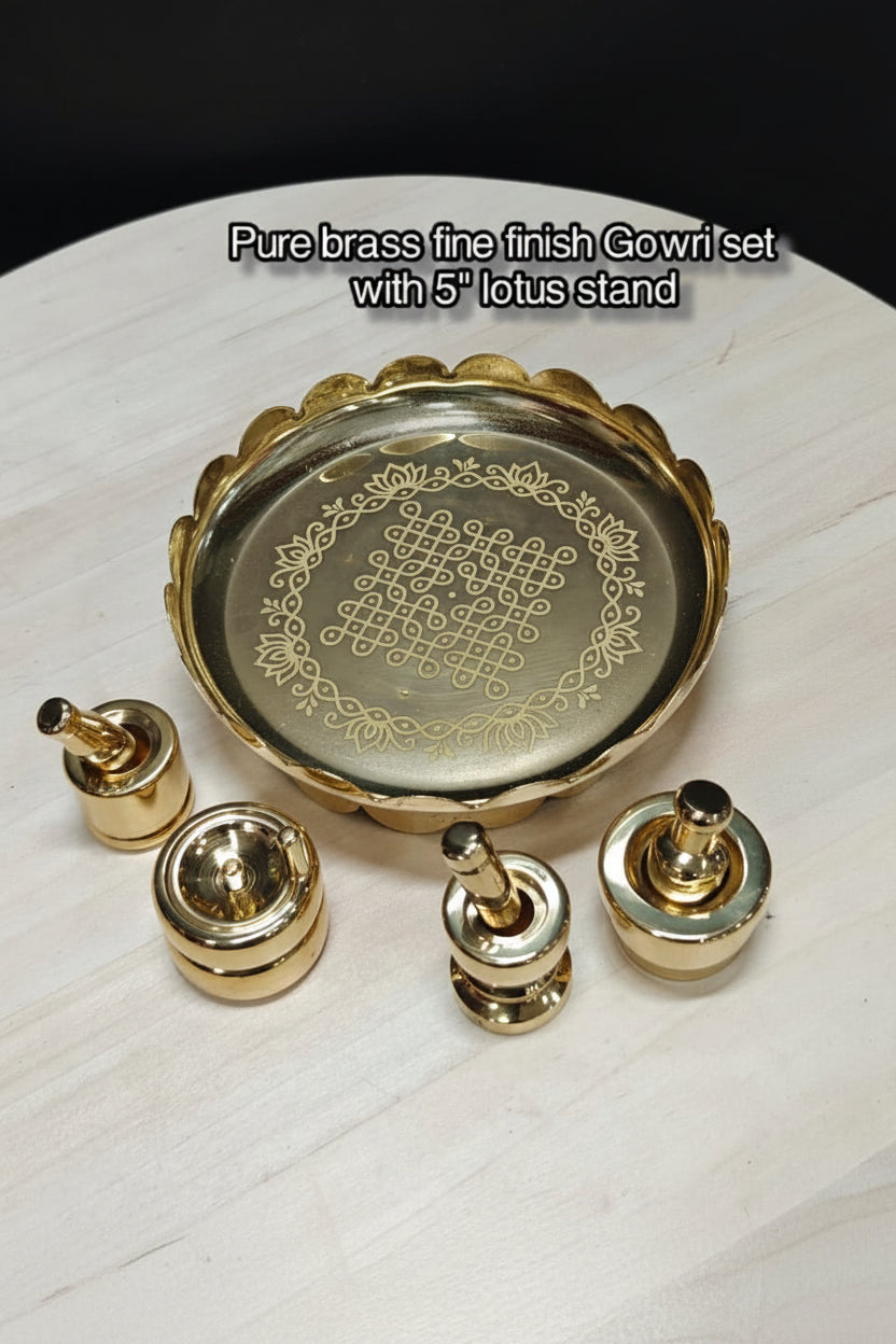 Pure Brass Gowramma Set with 5" Lotus Stand – Super Fine Finish Ritual Ensemble