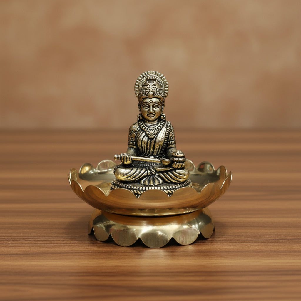 Antique Brass Annapurna Devi Idol 3" with 4" Shreechakram Lotus Stand – Super Fine Finish