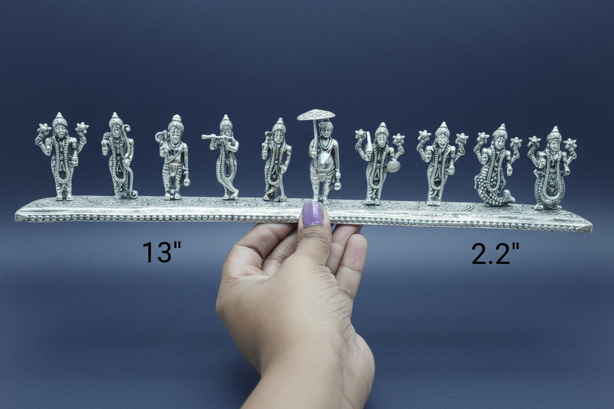 Antique German Silver Dashavataram Set on Stand – Divine Vishnu Incarnations