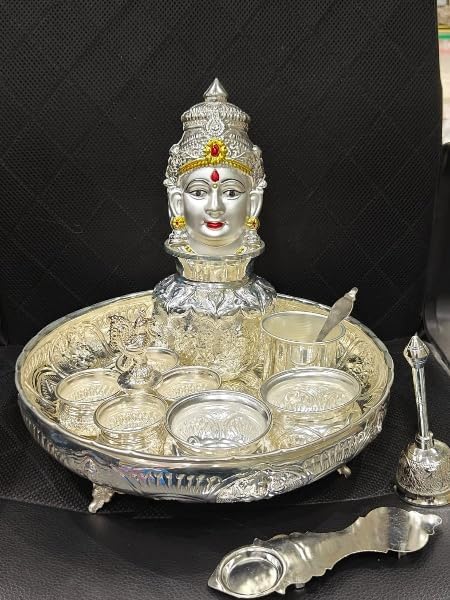 German Silver Pooja Thali Set with Traditional Accessories | Puja Plate for Diwali, Housewarming, Varalakshmi Vrat, Festivals & Daily Worship | Spiritual Gift Item for Home Temple