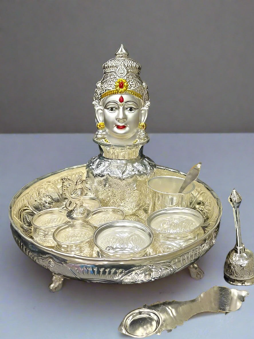 German Silver Pooja Thali Set with Traditional Accessories | Puja Plate for Diwali, Housewarming, Varalakshmi Vrat, Festivals & Daily Worship | Spiritual Gift Item for Home Temple