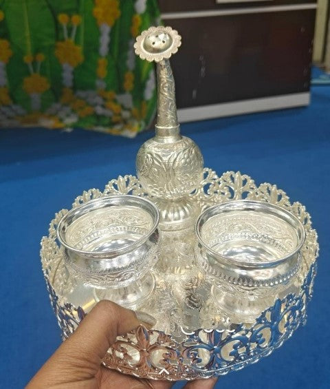 German silver combo flower cut pooja thali set of 4 pieces for Diwali/housewarming