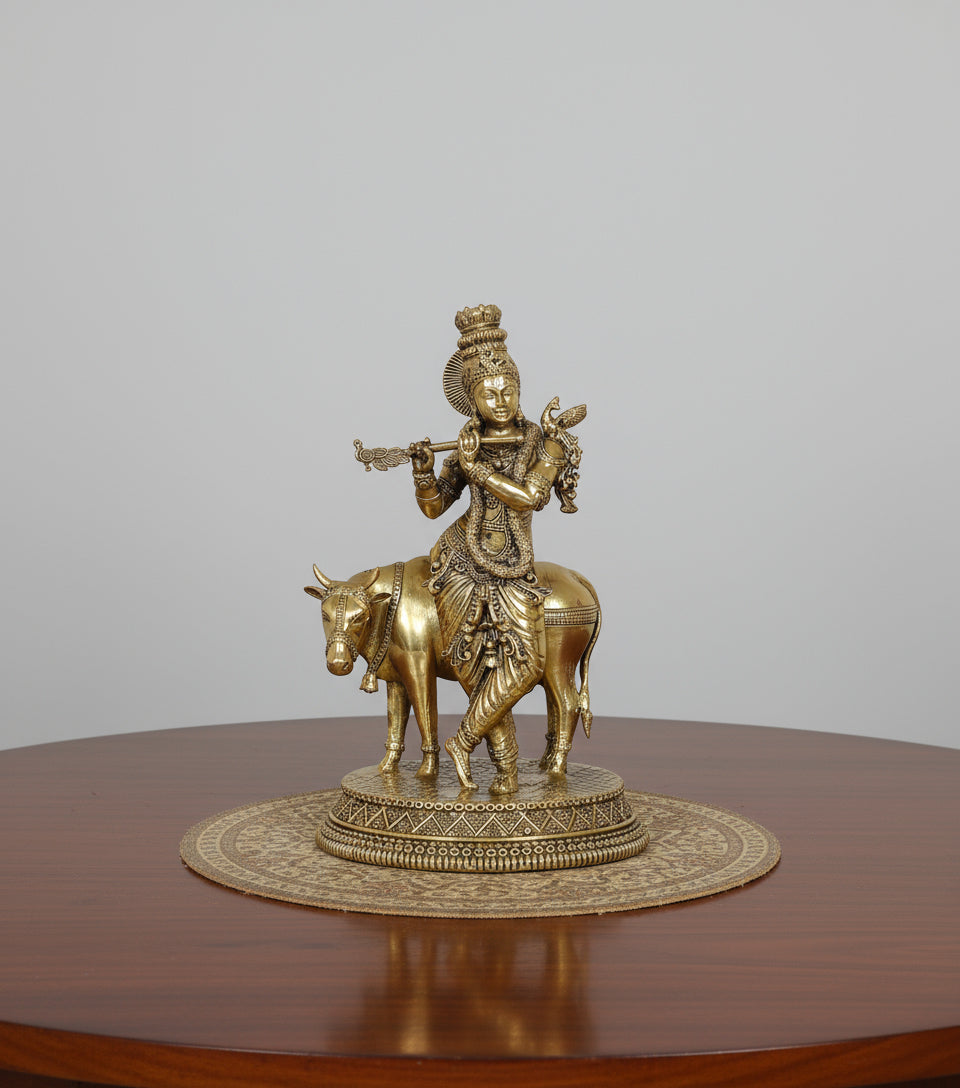 Brass Krishan Playing Flute Statue with Cow statue Idol