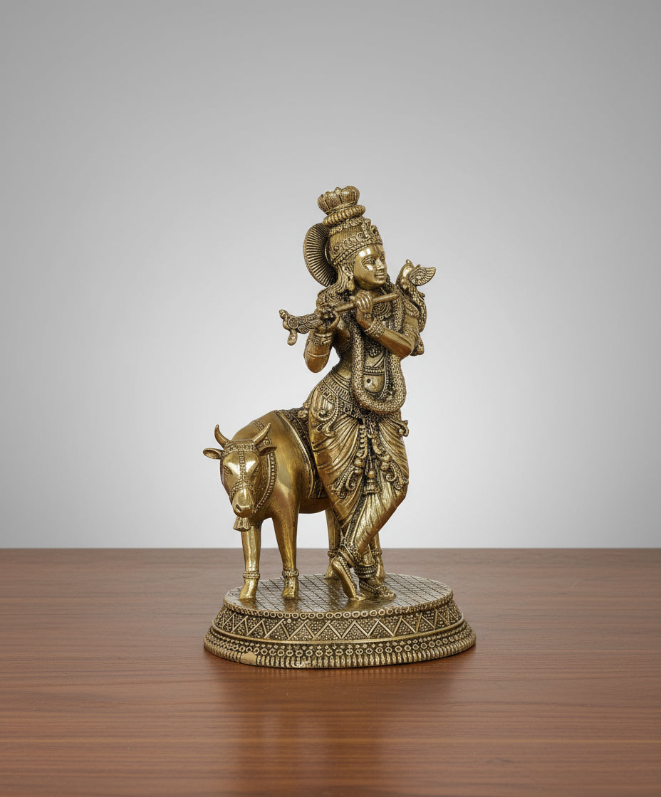 Brass Krishan Playing Flute Statue with Cow statue Idol