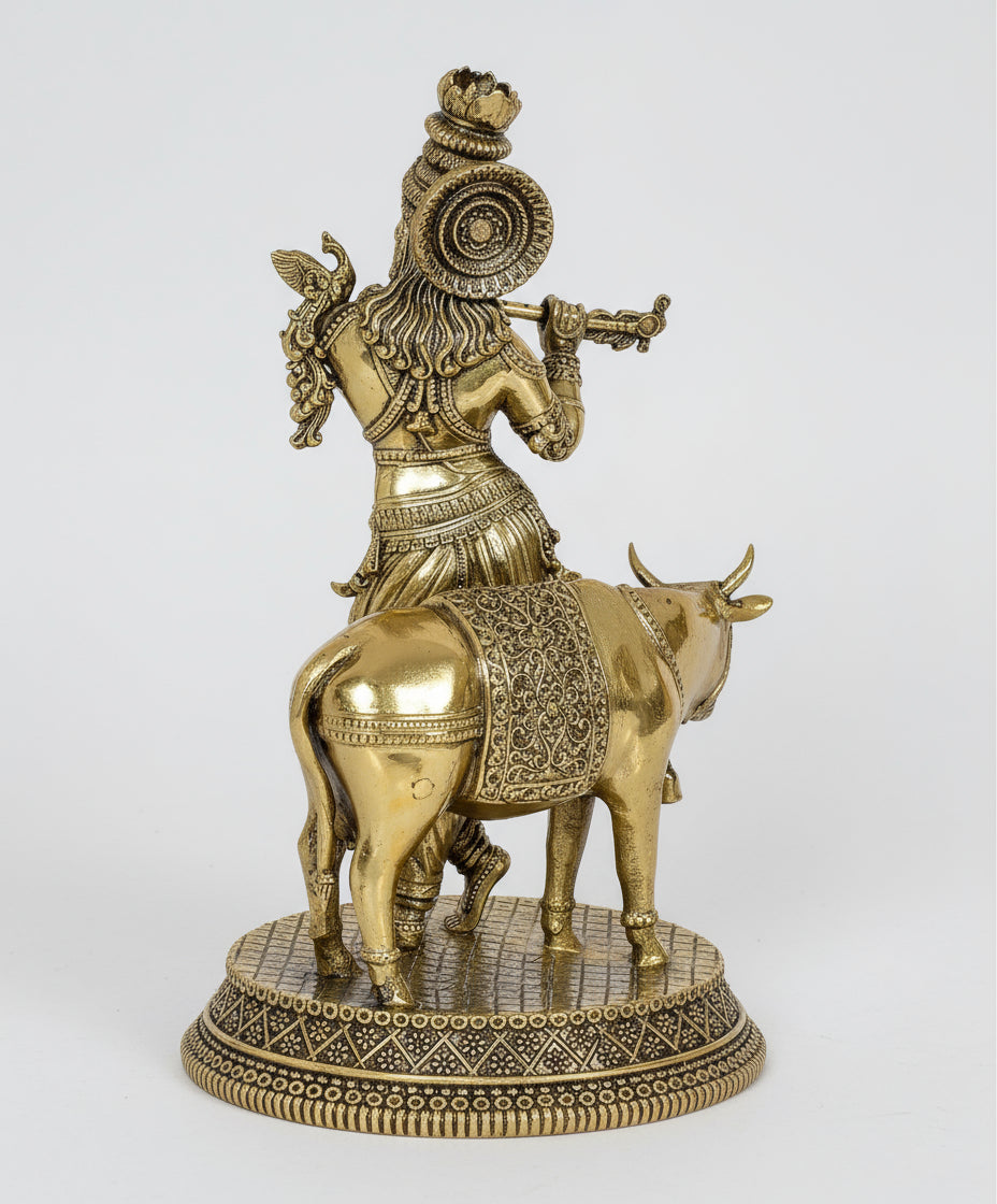 Brass Krishan Playing Flute Statue with Cow statue Idol
