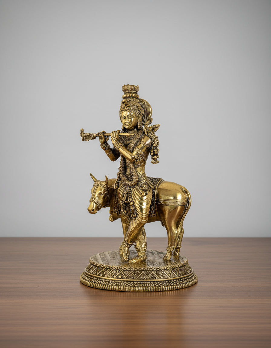 Brass Krishan Playing Flute Statue with Cow statue Idol