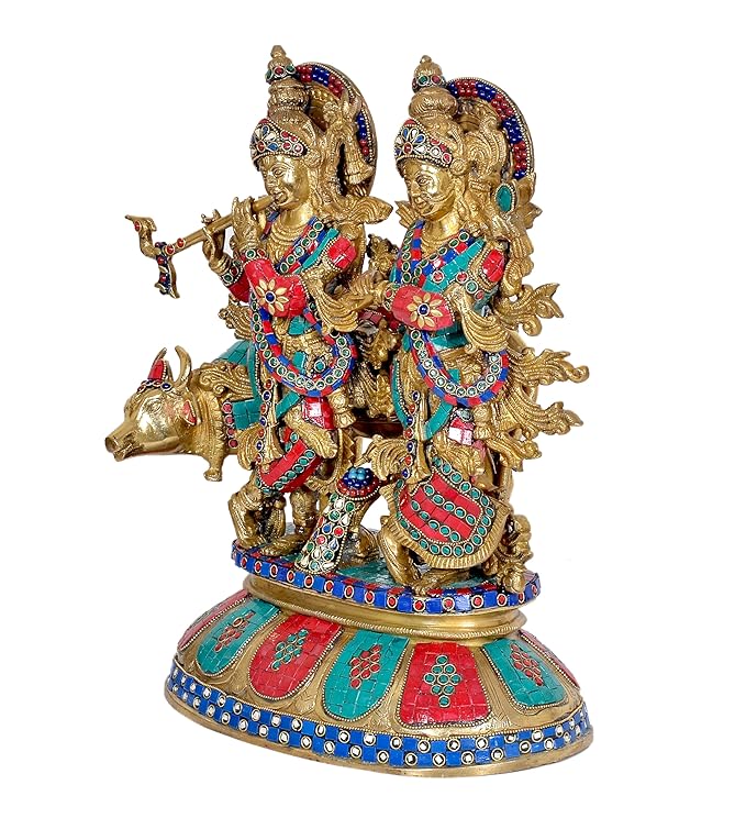 Brass with Stone Work Radha Krishan with Cow Statue