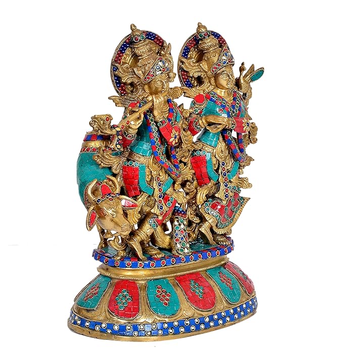 Brass with Stone Work Radha Krishan with Cow Statue