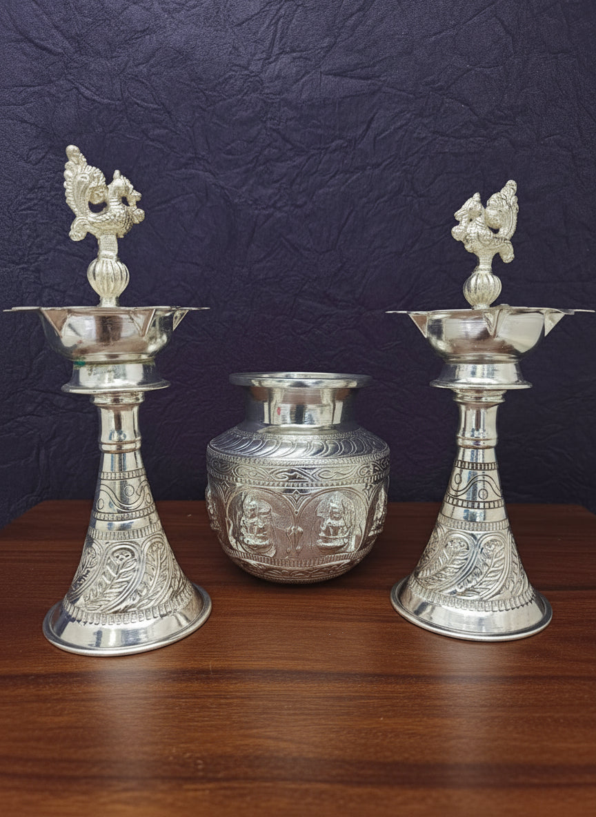 German Silver Ashta Lakshmi Kalash with Cone Diya Pair – Auspicious Pooja Set for Temple & Gifting