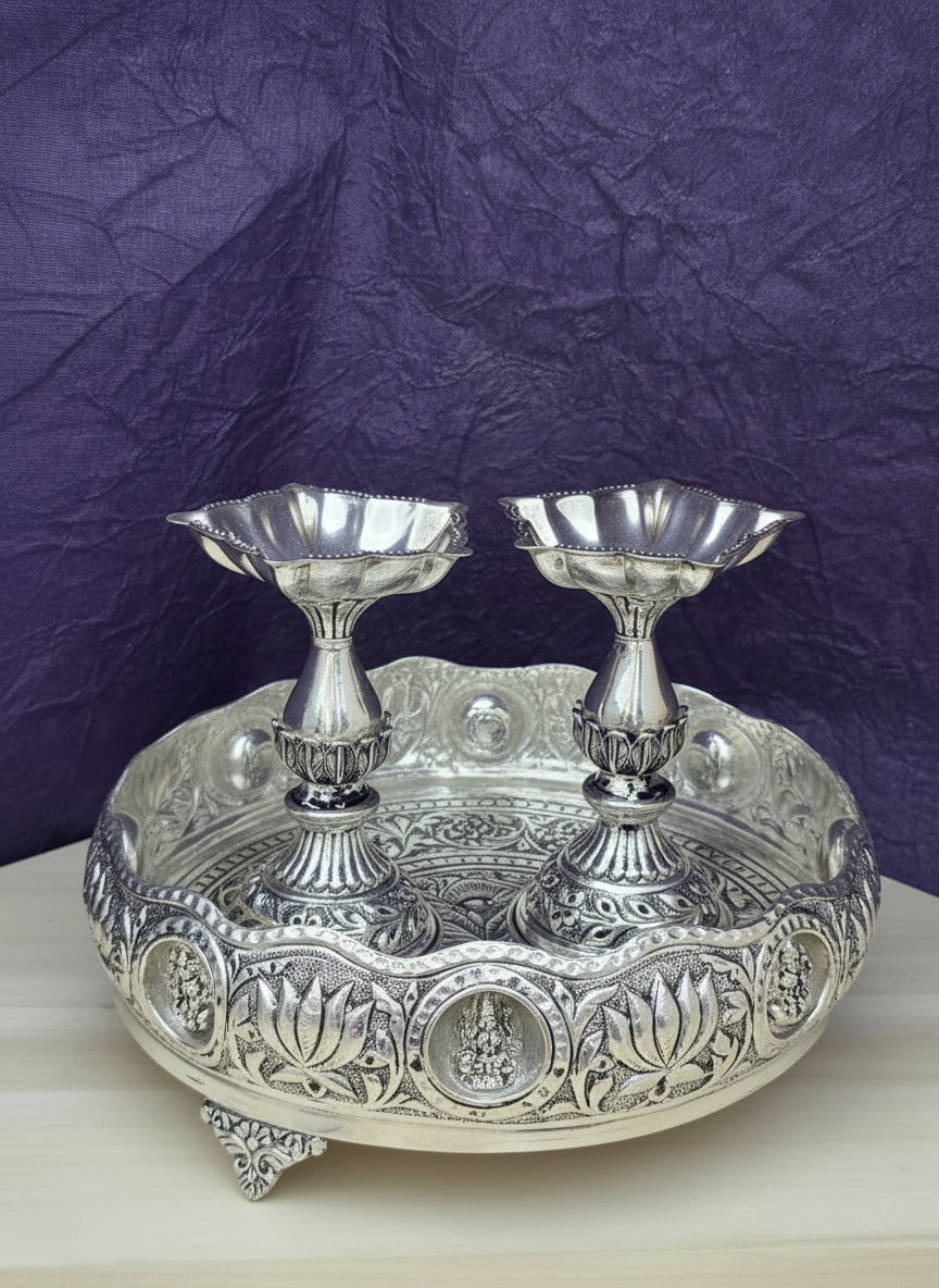 German Silver antique finish Ashta Lakshmi Tray with 2 Diyas – Auspicious Pooja Set for Temple & Festive Gifting