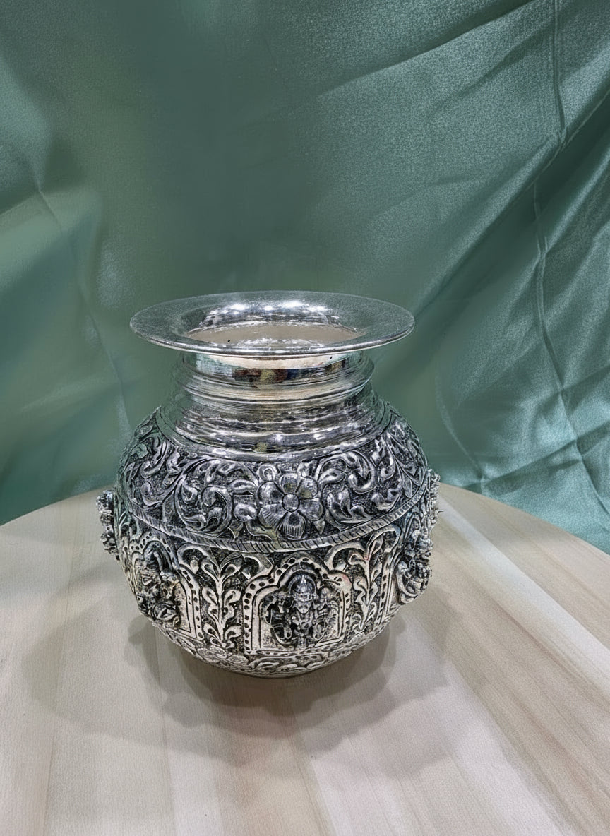 German Silver Ashta Lakshmi Kalash – Antique Finish Sacred Pot for Pooja & Auspicious Gifting