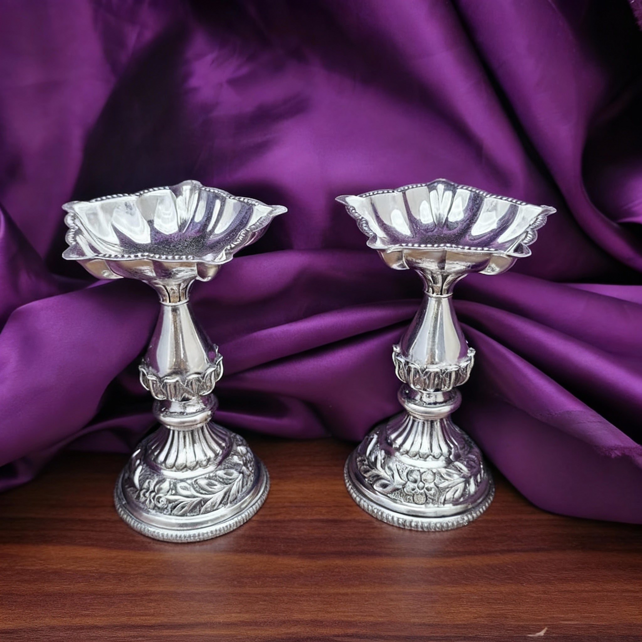 German Silver Panchmukhi Diya Pair – Antique Finish Pooja Lamps for Temple & Auspicious Gifting