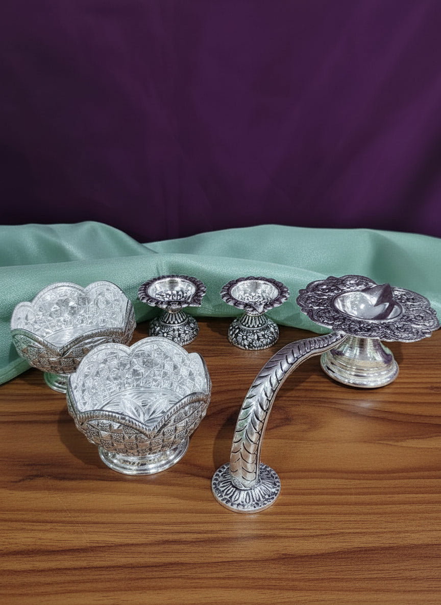 German Silver Diya & Bowl Pair with Ekharti – Antique Finish Pooja Set for Temple & Auspicious Gifting