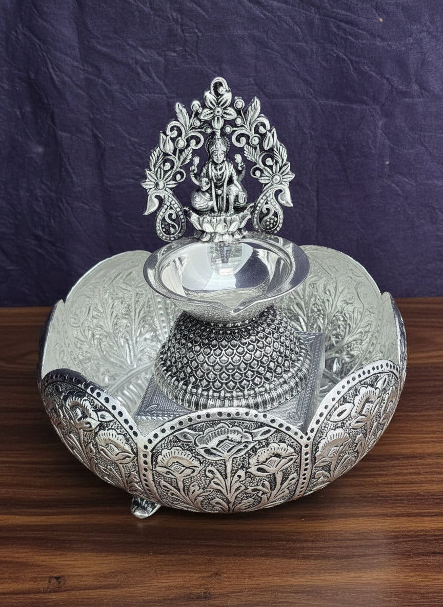 German Silver Urli with Lakshmi Diya & Chowki – Antique Finish Pooja Set for Temple & Auspicious Gifting