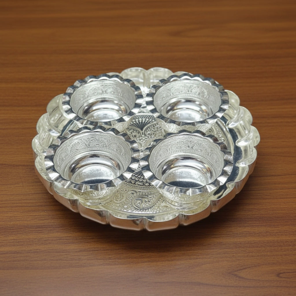 German Silver Flower Tray with 4 Bowls – Antique Finish Pooja & Gifting Set for Offerings or Dry Fruits
