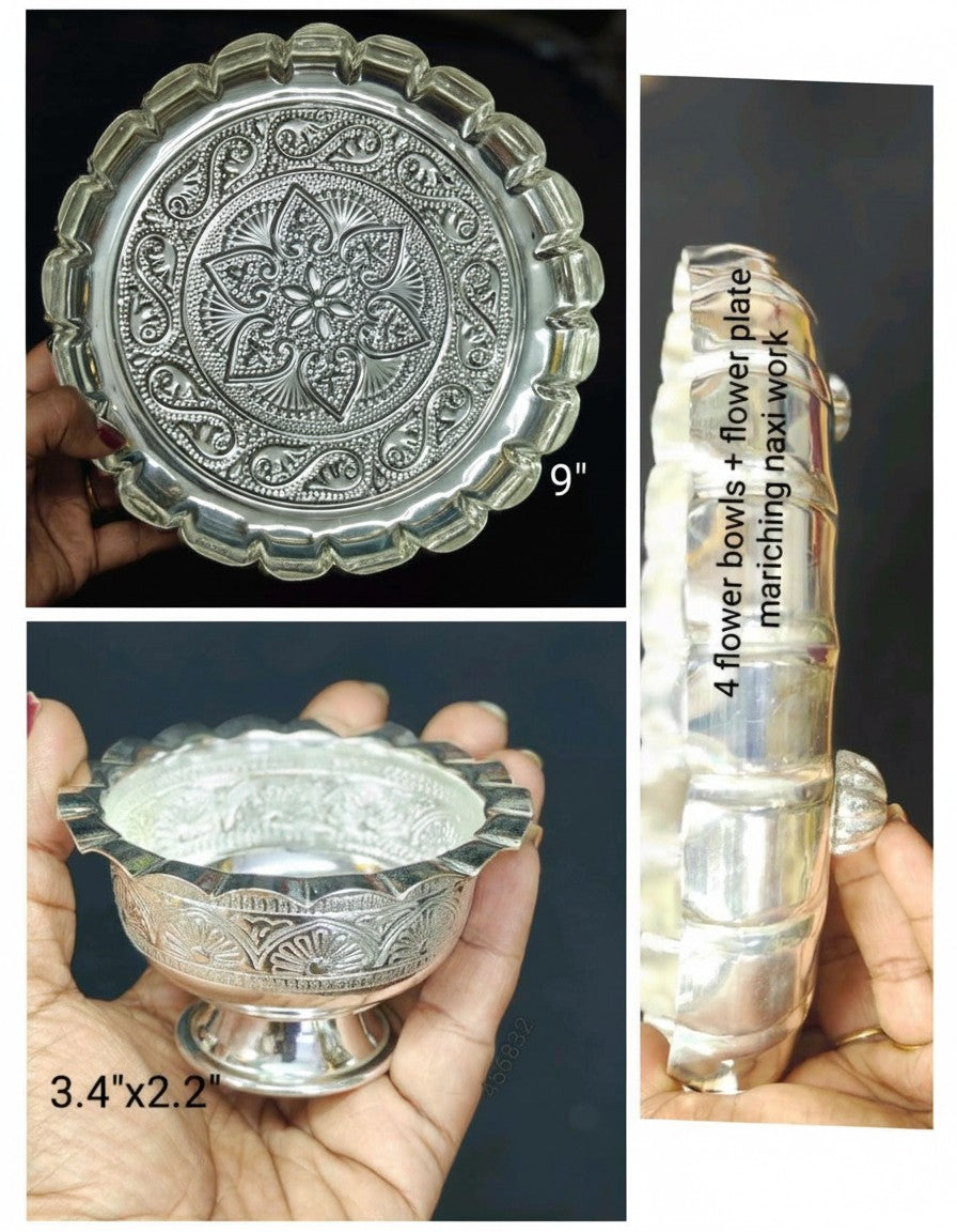 German Silver Flower Tray with 4 Bowls – Antique Finish Pooja & Gifting Set for Offerings or Dry Fruits