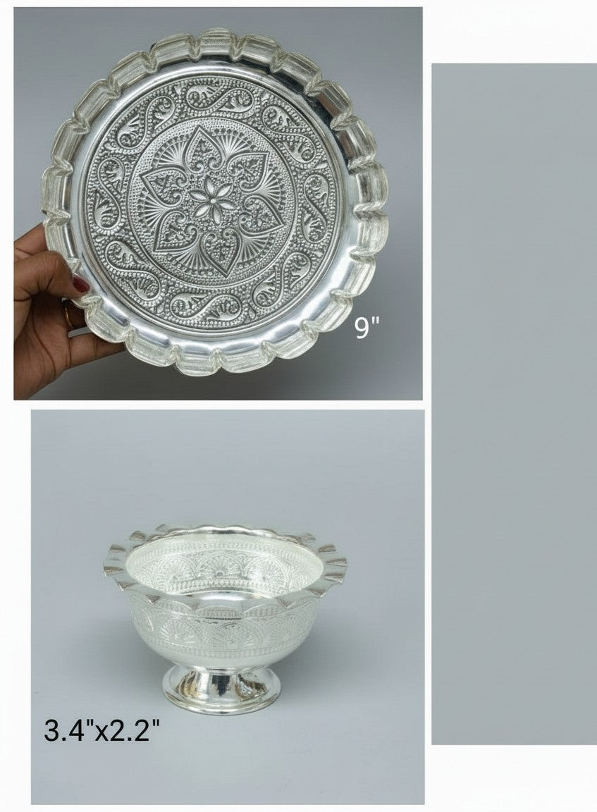 German Silver Flower Tray with 4 Bowls – Antique Finish Pooja & Gifting Set for Offerings or Dry Fruits