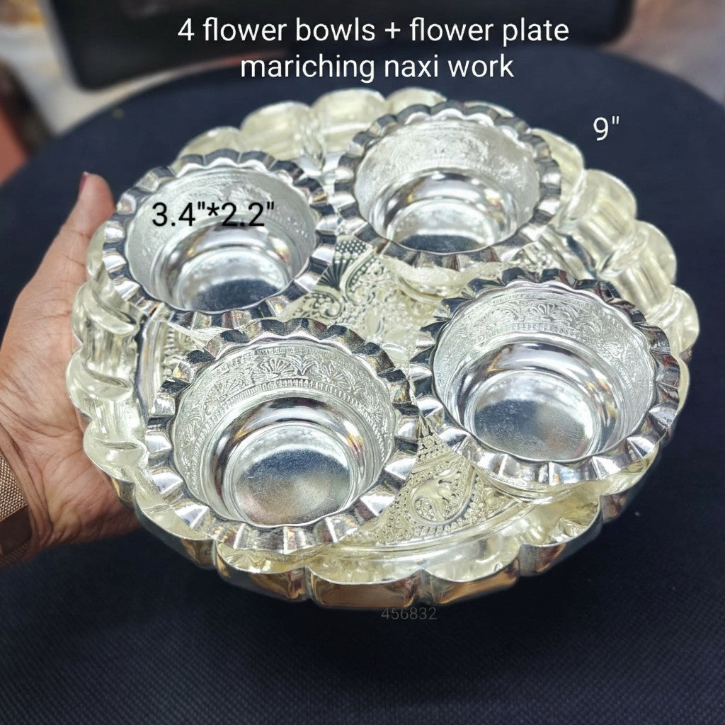 German Silver Flower Tray with 4 Bowls – Antique Finish Pooja & Gifting Set for Offerings or Dry Fruits