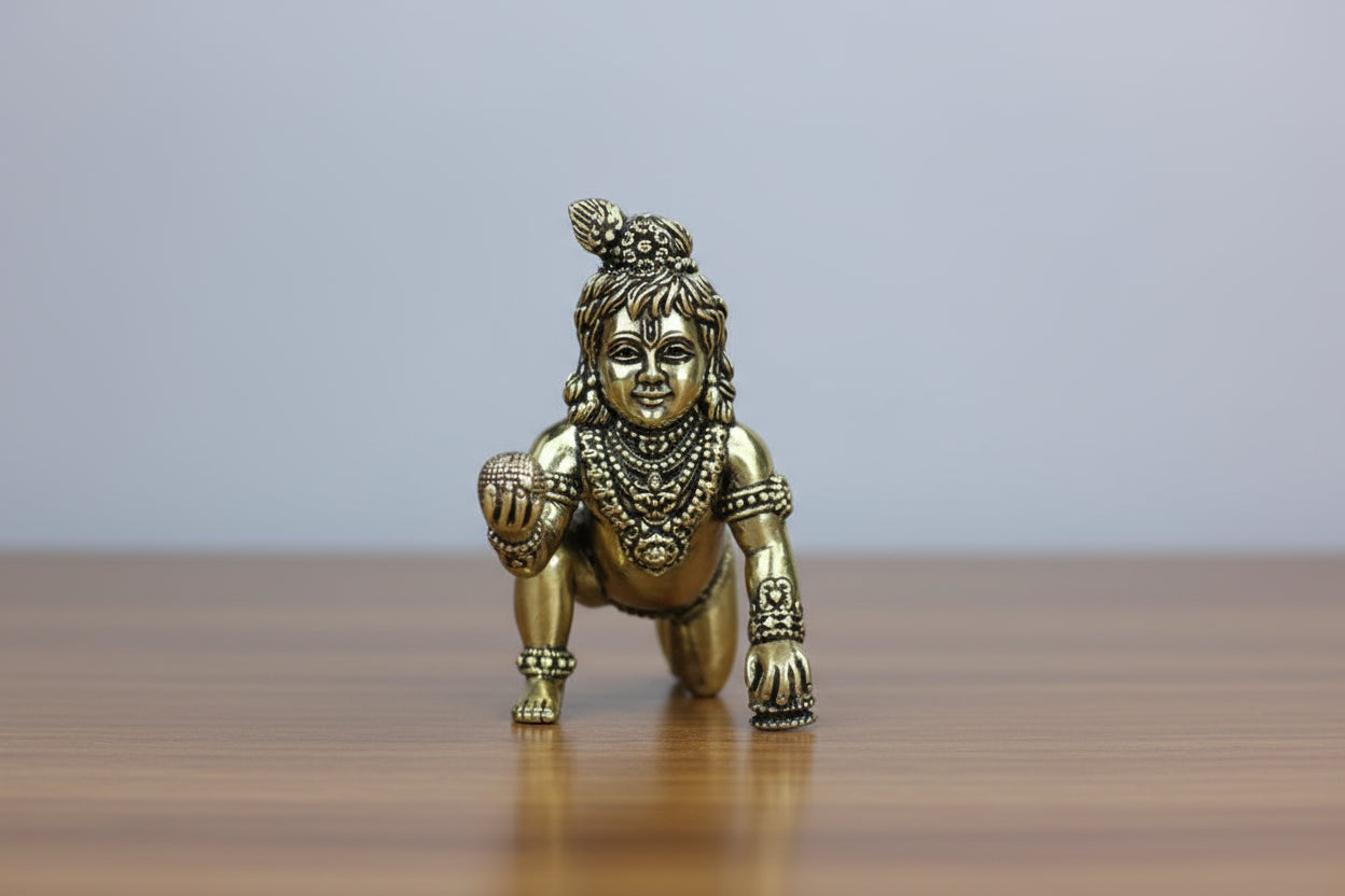Brass Laddu Gopal Ji Idol 4" – Handcrafted Bal Krishna Murti for Pooja, Janmashtami & Auspicious Gifting