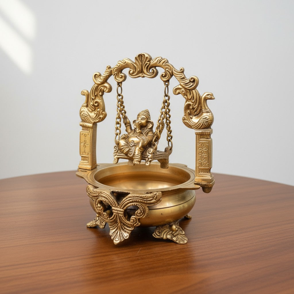 Brass Ganesh Ji Urli with Swing Jhoola  Handcrafted Pooja Decor Bowl  Auspicious Diwali & Housewarming Gift  Temple Showpiece